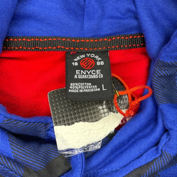 ENYCE Sean Combs Hoodie Sweatshirt Short Sleeve Blue Red Plaid SLIM Womens Large - Picture 3 of 7